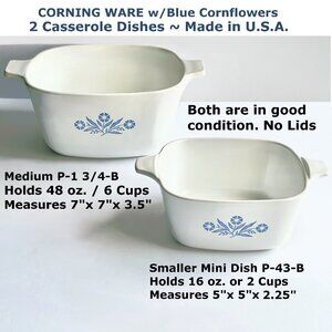 2 Corning Ware Casserole Dishes w/Blue Cornflowers, No Lids, Made in USA